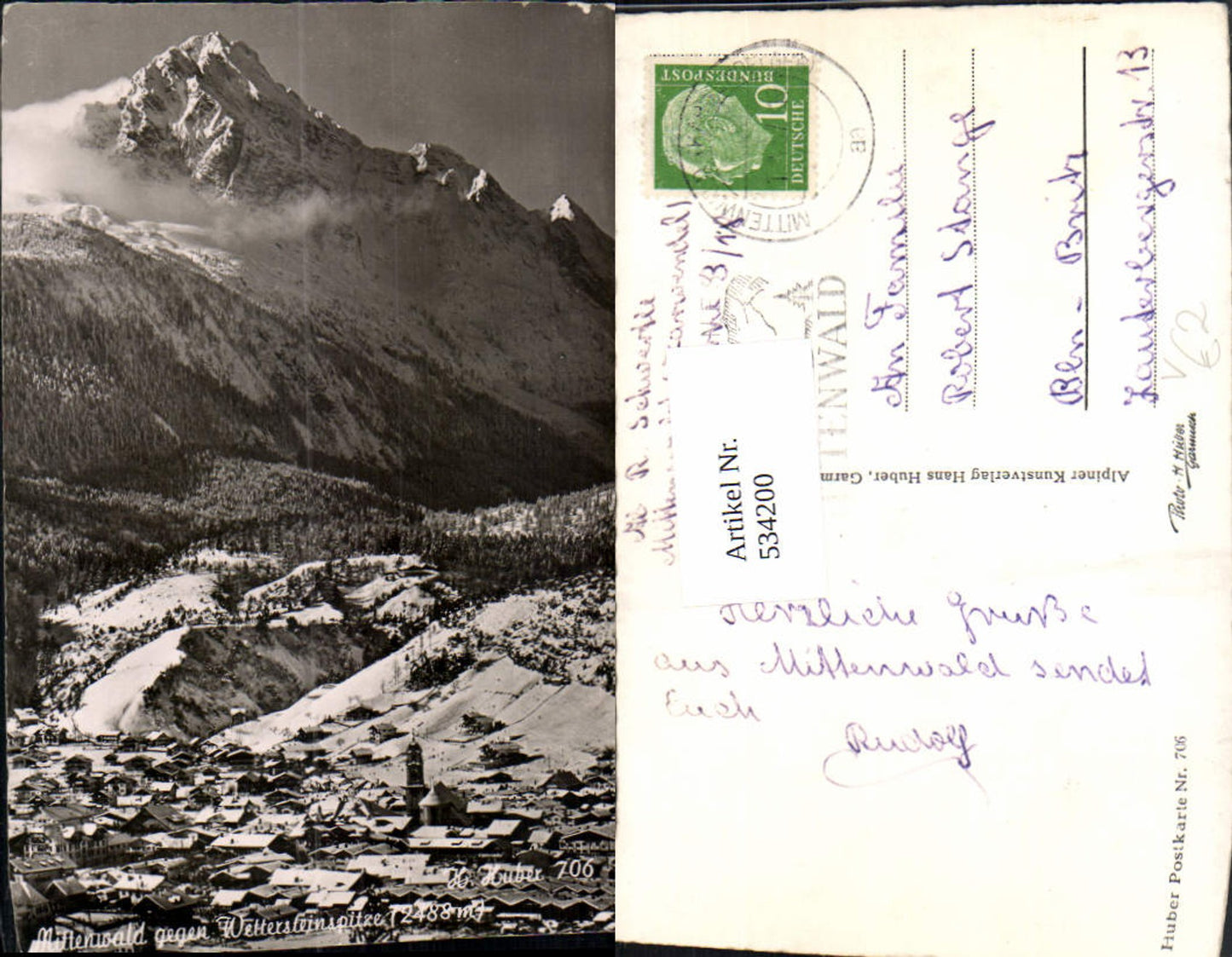 534200,Foto Ak Mittenwald geg. Wettersteinspitze Winteransicht pub H. Huber 706