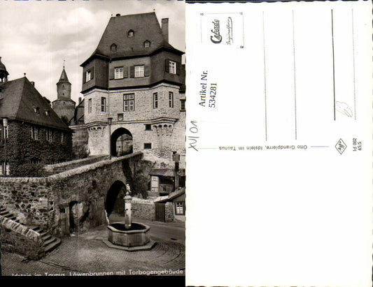 534281,Foto Ak Idstein i. Taunus Löwenbrunne m. Torbogengebäude Brunnen