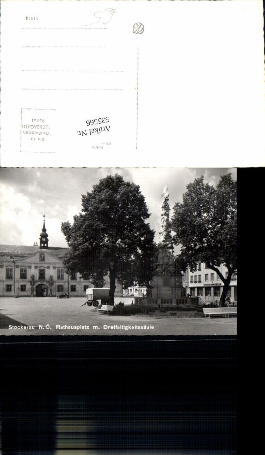 535566,Stockerau Rathausplatz Dreifaltigkeitssäule Bank Raiffeisenkasse