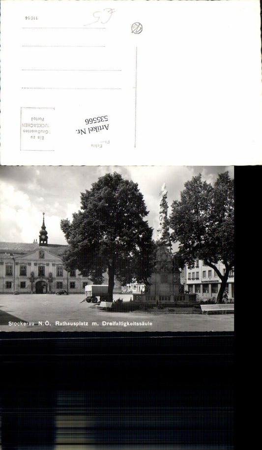 535566,Stockerau Rathausplatz Dreifaltigkeitssäule Bank Raiffeisenkasse