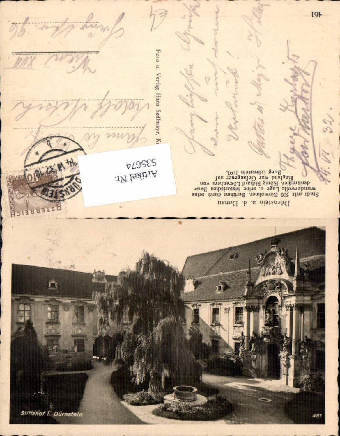 535674,tolle Foto-AK Stiftshof Dürnstein in der Wachau pub Sedlmayr 461