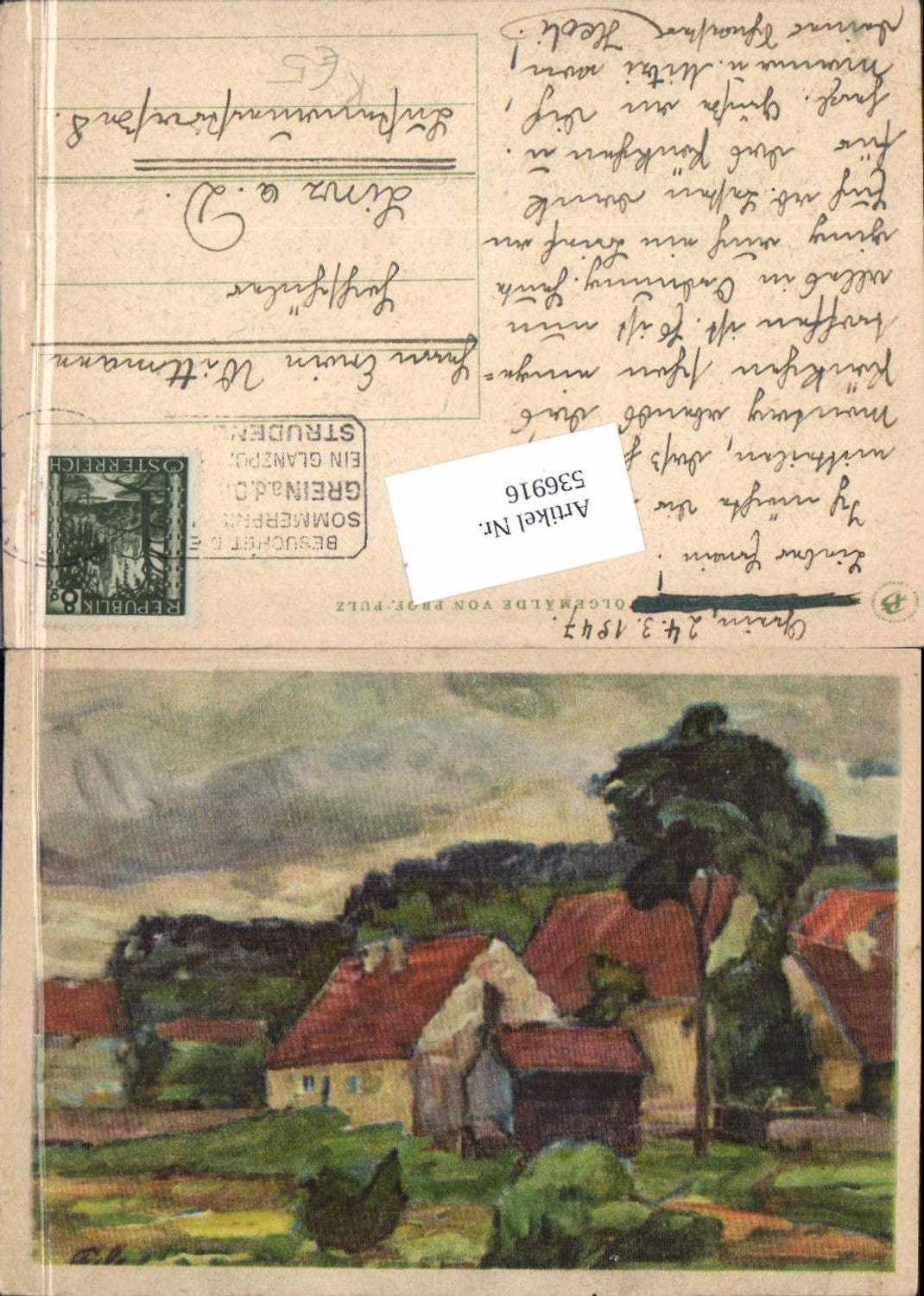 536916,Künstler AK Prof. Pulz Dorf Ansicht gel Grein n. Linz 1947