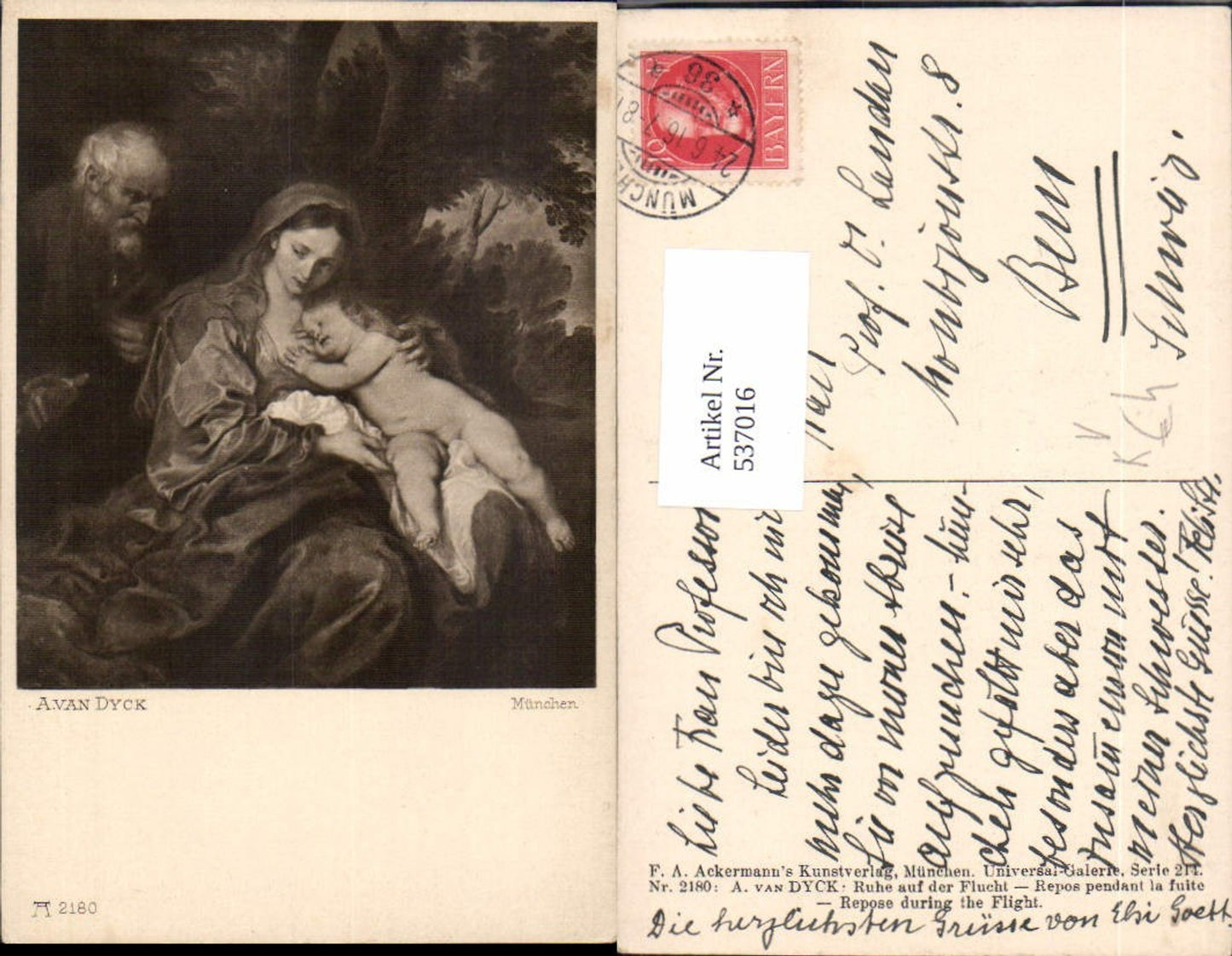 537016,Künstler AK A. Van Dyck Ruhe auf der Flucht Mutter m. Kind pub Ackermann 2180