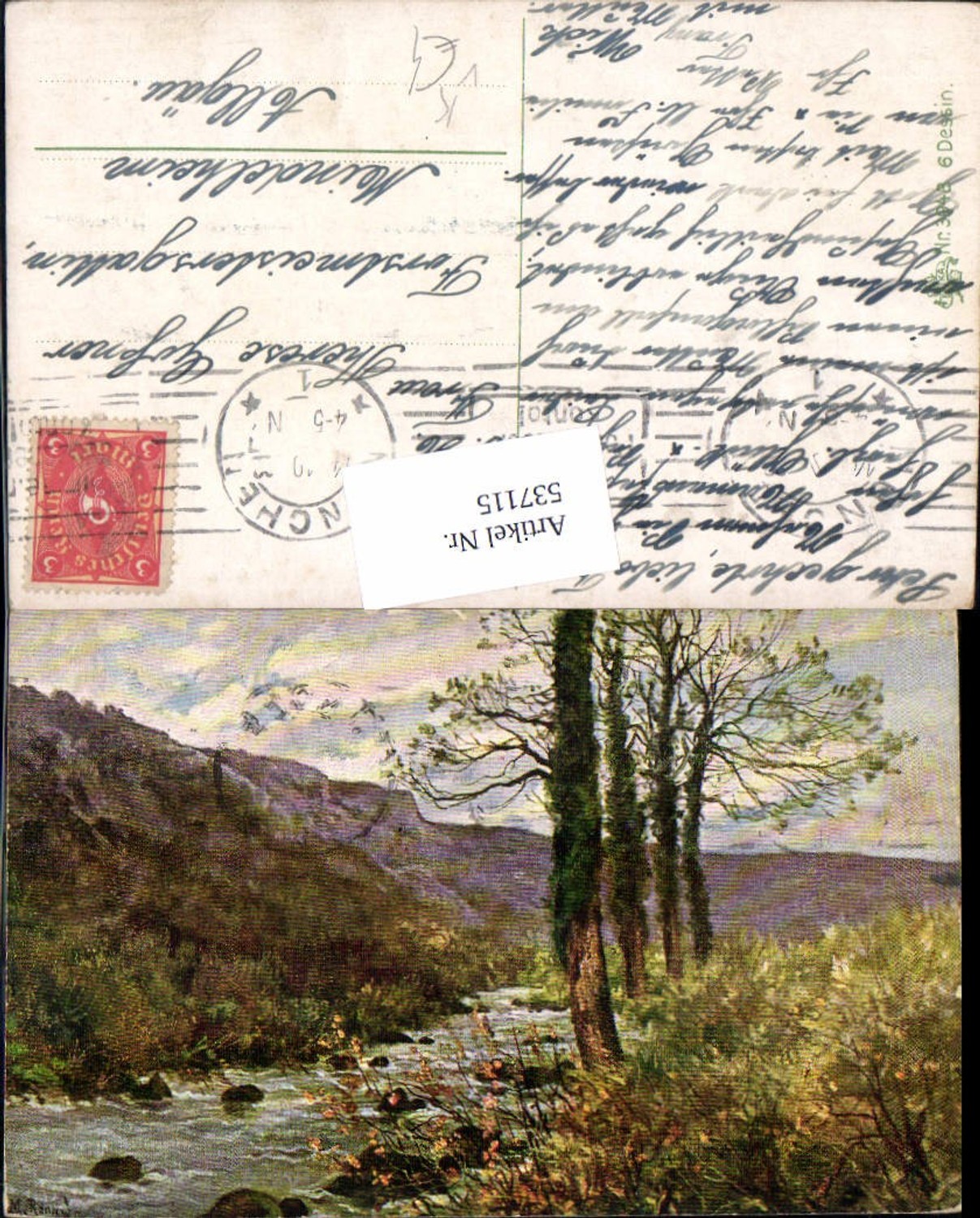 537115,Künstler AK M. Renard Fluss Bach Bäume berge