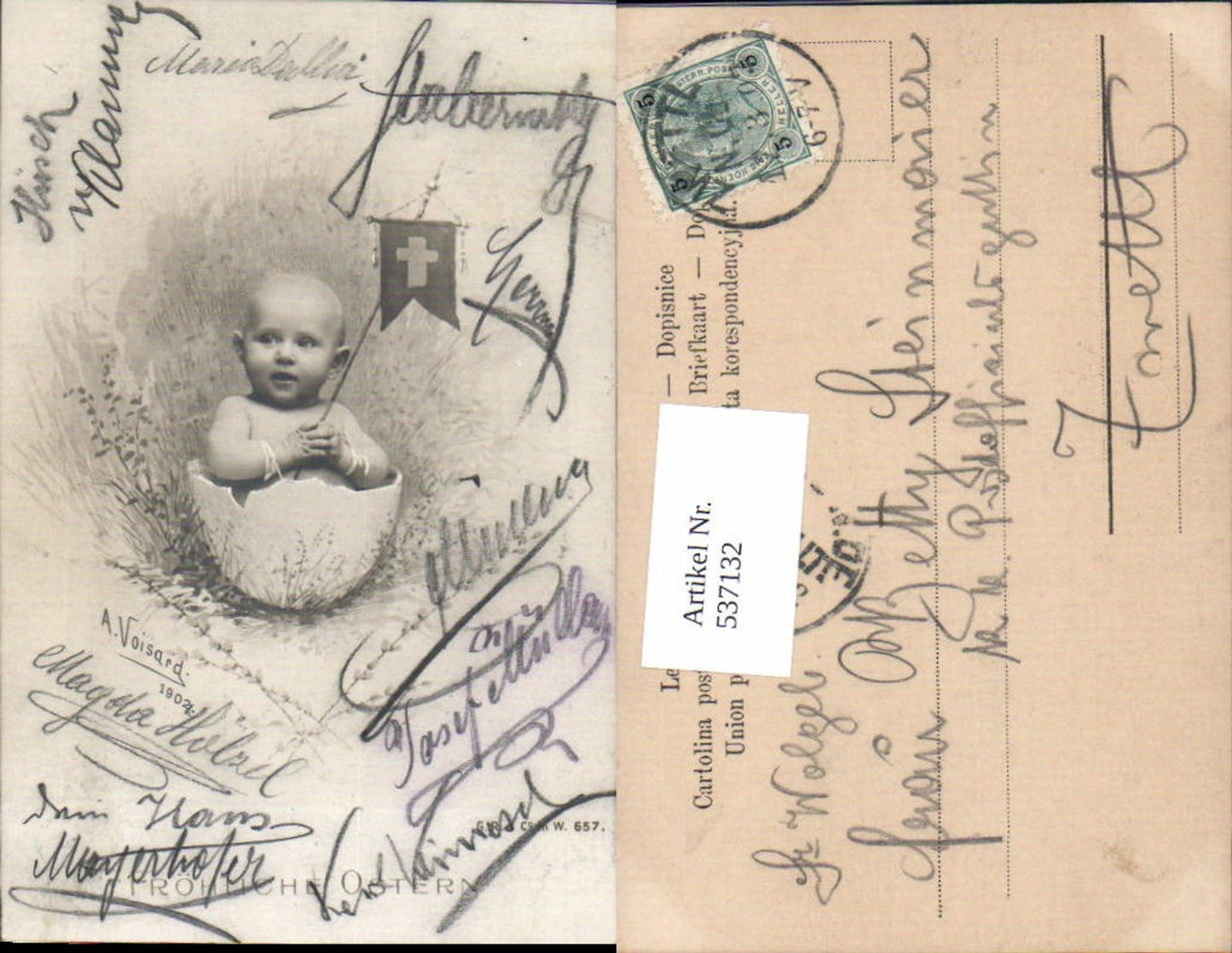 537132, great artist AK A. Voisard 1902 Child Baby hatching from egg Surrealism Easter