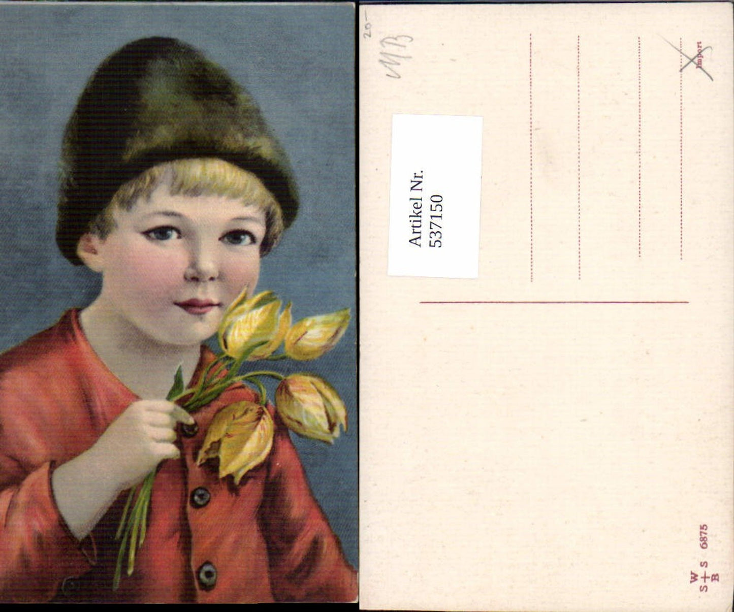 537150,tolle Künstler AK Junge Kind Blumen Tulpen