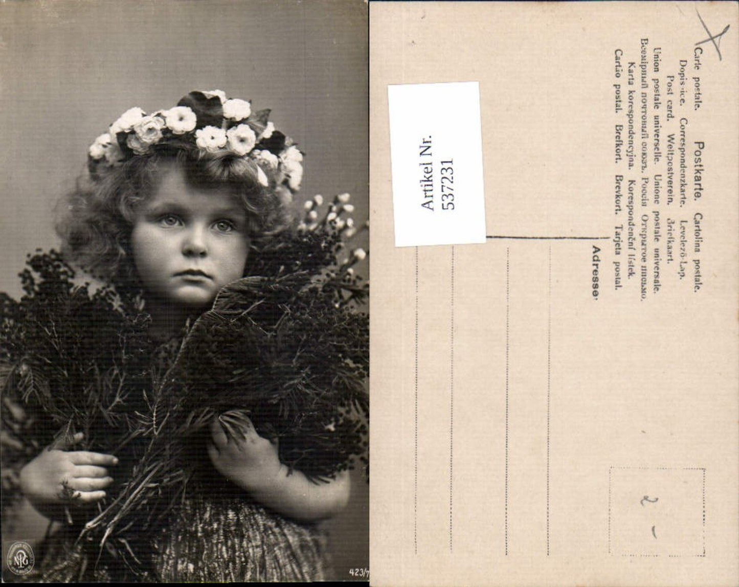 537231,tolle Foto-AK Kind Mädchen Haarschlaufe Blumen Haare pub NPG 423-7