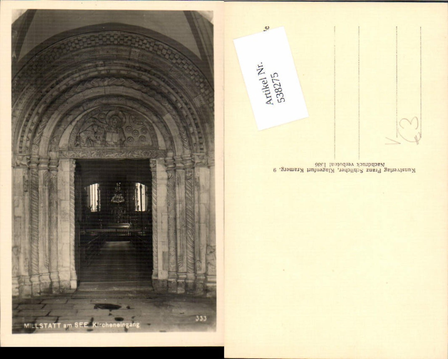 538275, Photo postcard Millstatt am See church entrance