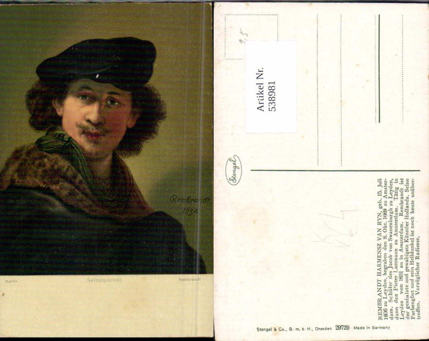 538981,Künstler AK Rembrandt Selbstportrait pub Stengel Co 29729