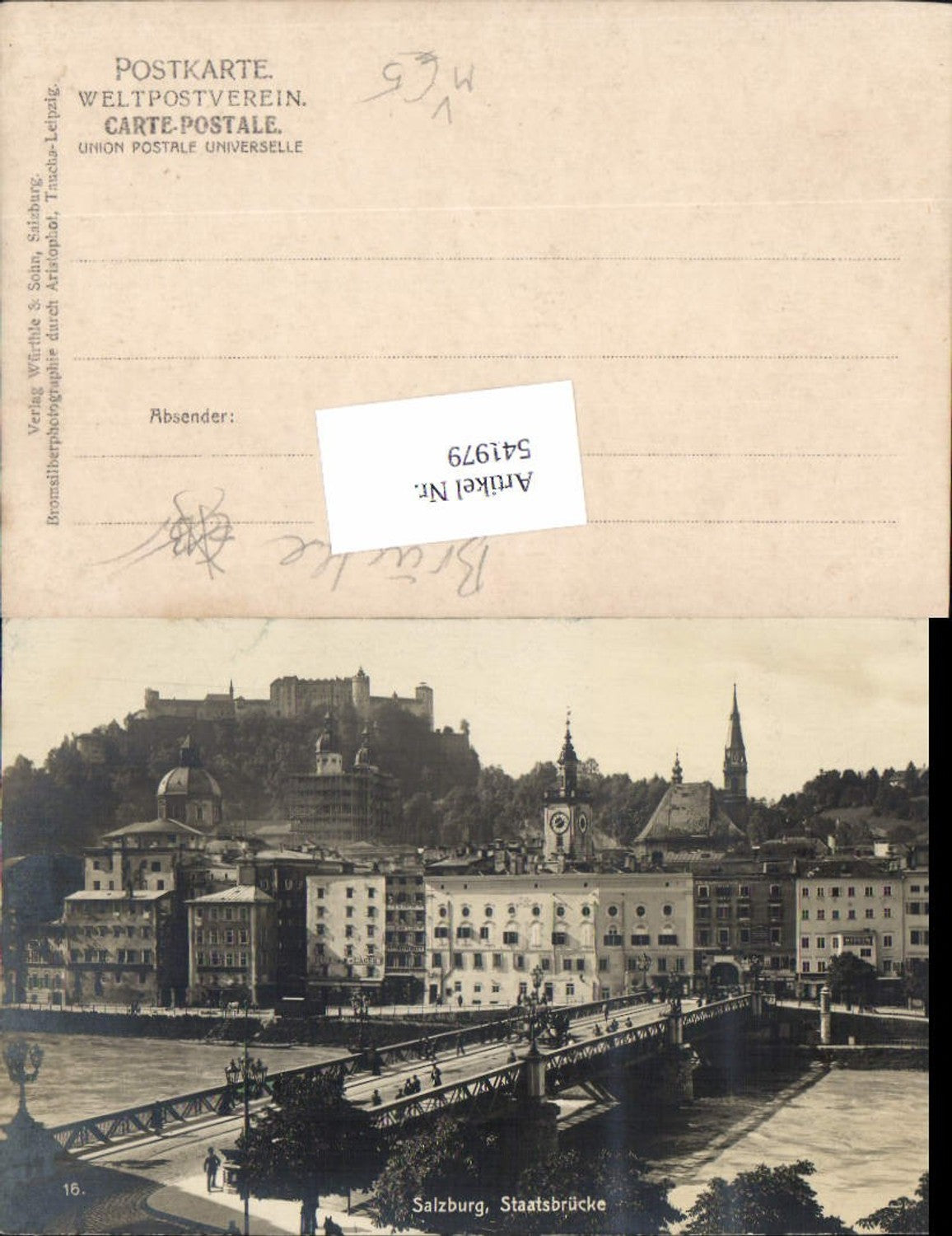 541979, great photo postcard Salzburg city view Staatsbrücke pub Würthle 16