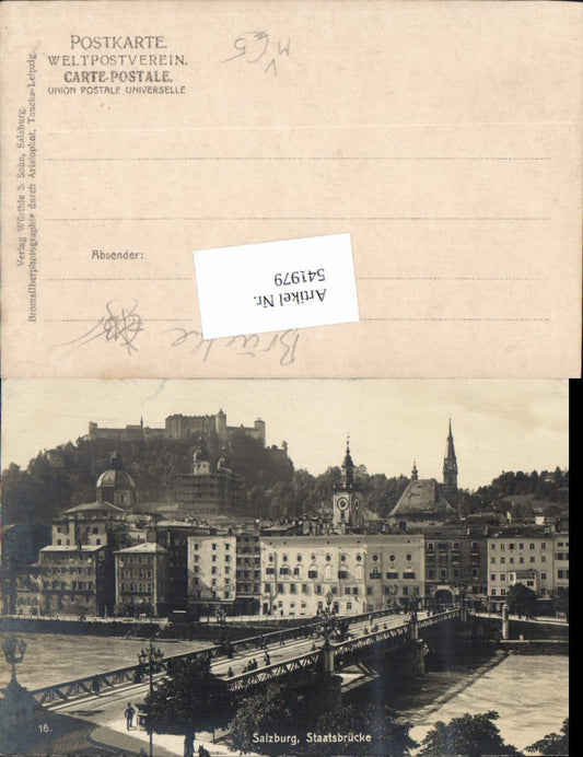 541979, great photo postcard Salzburg city view Staatsbrücke pub Würthle 16