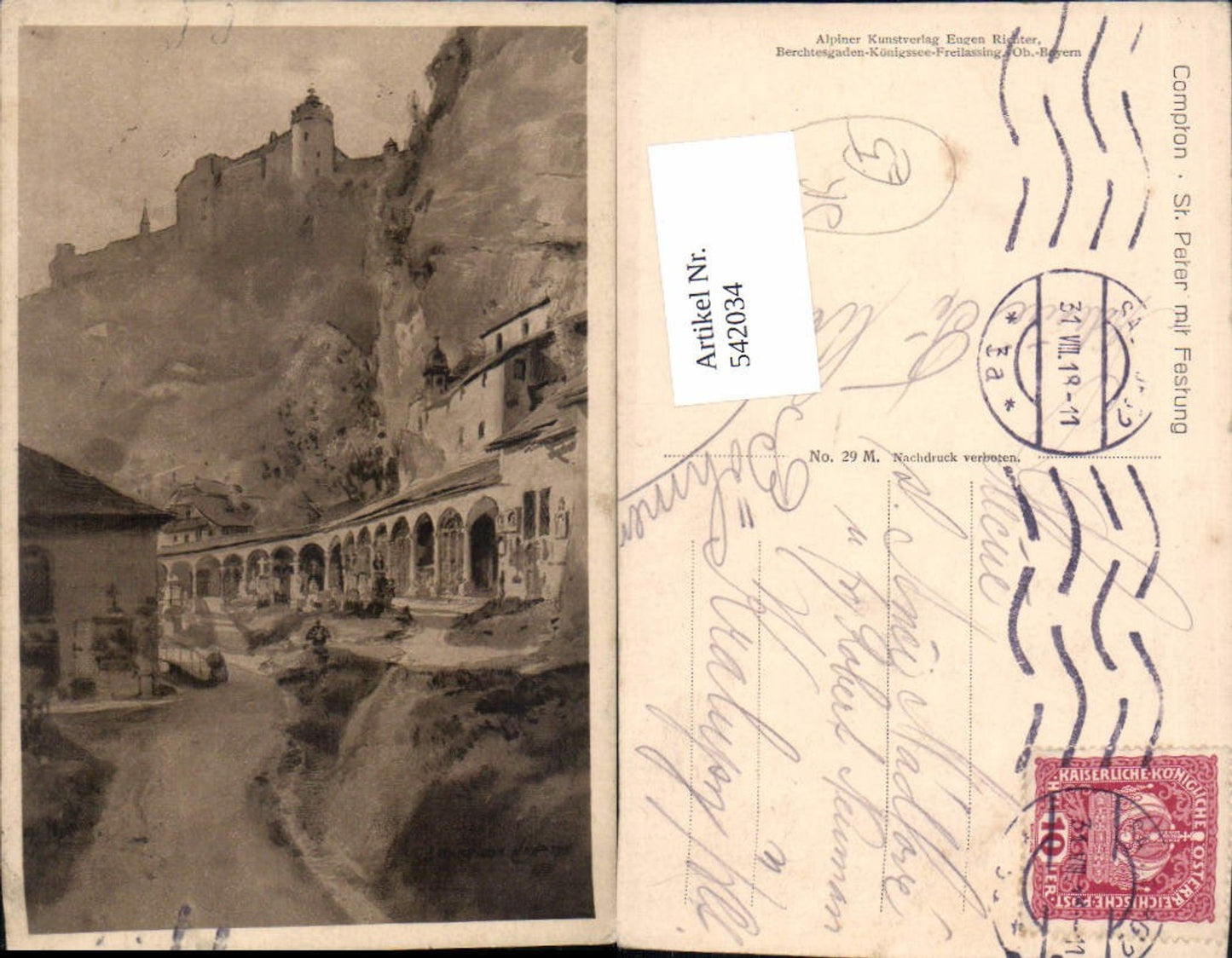 542034, Artist AK E. Harrison Compton Salzburg City St. Peter Fortress Cemetery