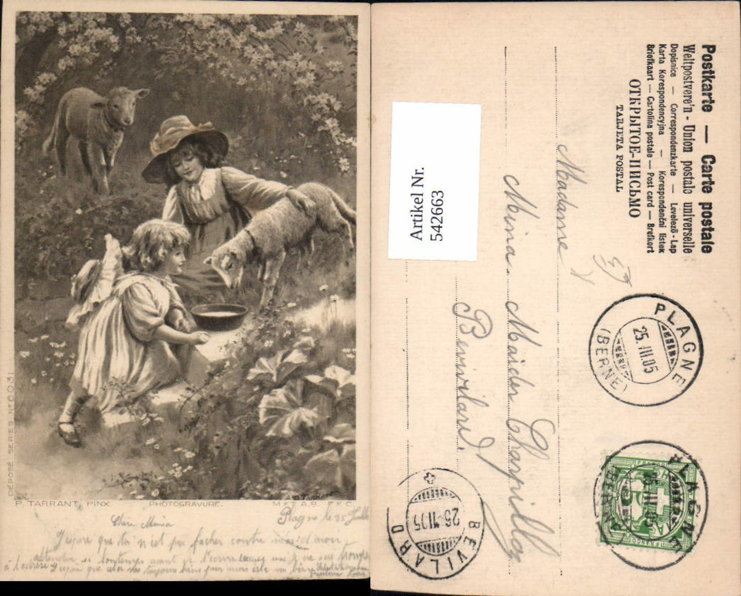 542663,Künstler AK P. Tarrant Schafe Kinder Ostern Jugendstil Photogravure