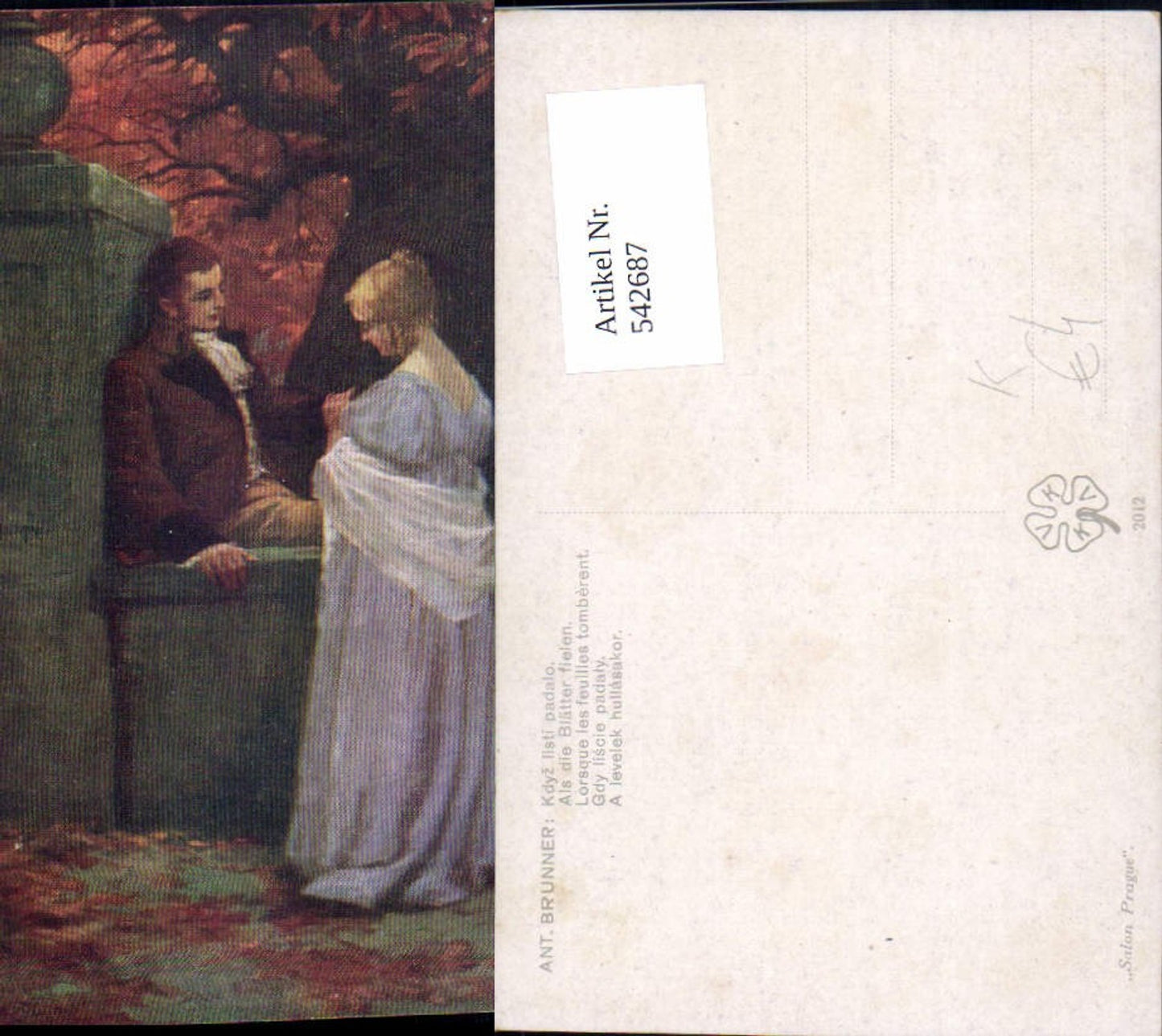 542687,Künstler AK Anton Brunner Als die Blätter fielen Liebe Paar