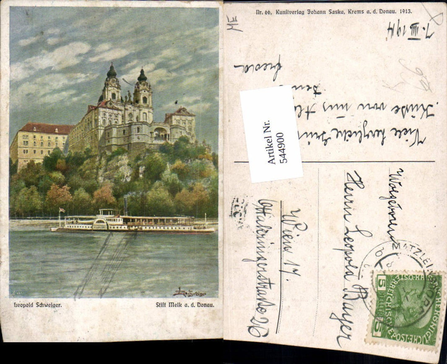 544900,tolle Künstler AK Leopold Schweiger Stift Melk a.d. Donau Dampfer