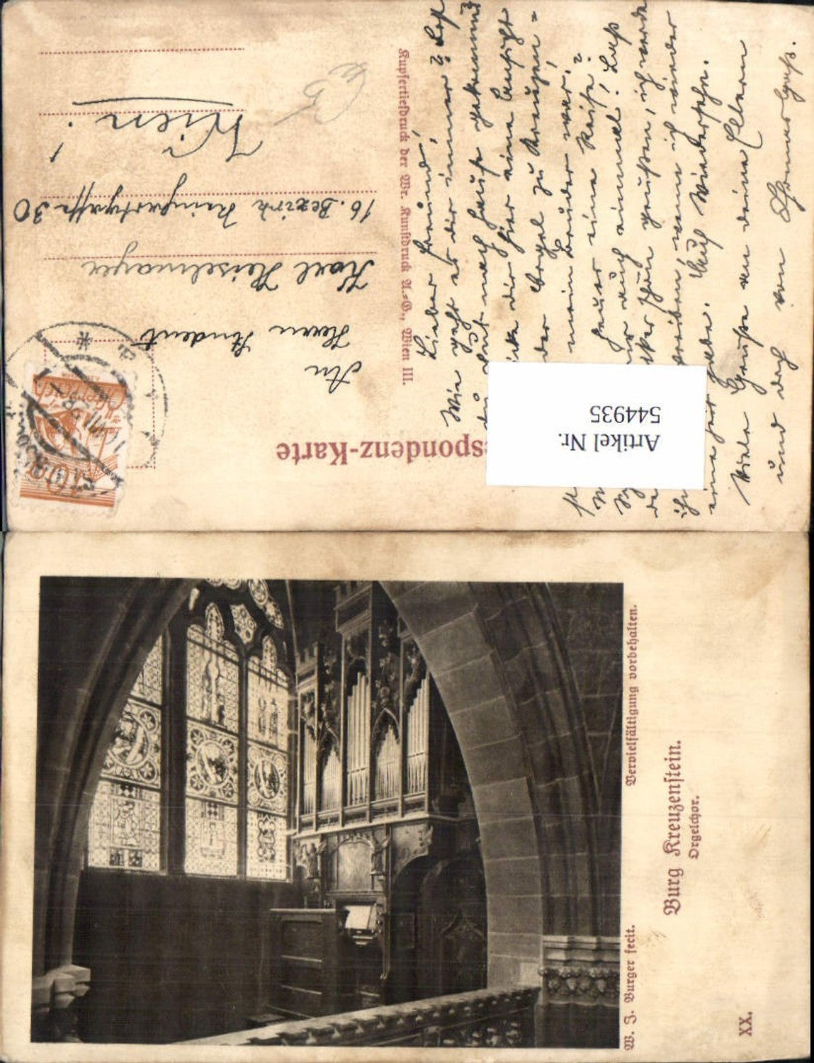544935,Künstler AK W.J. Burger Kreuzenstein b. Leobendorf Orgel