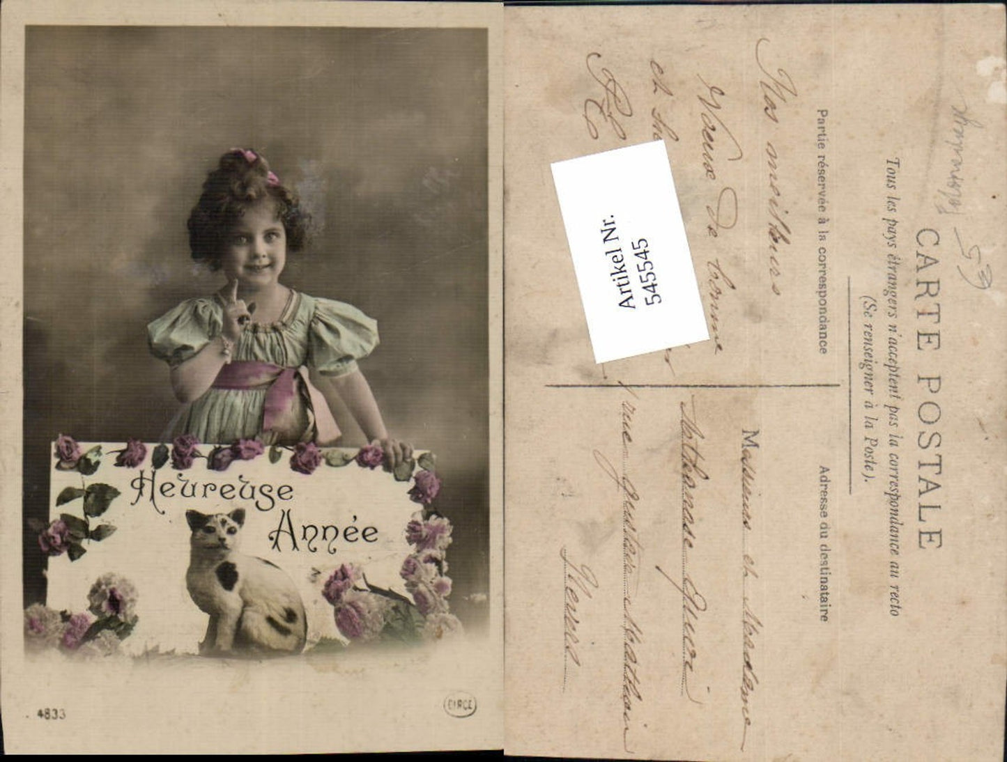 545545,Fotomontage AK Kinder kleines Mädchen Katze Rosen Blumen