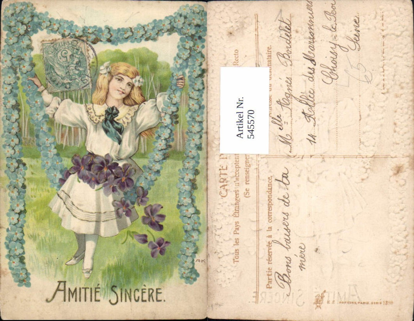 545570,Künstler AK Präge Litho Kinder Kind Mädchen Veilchen