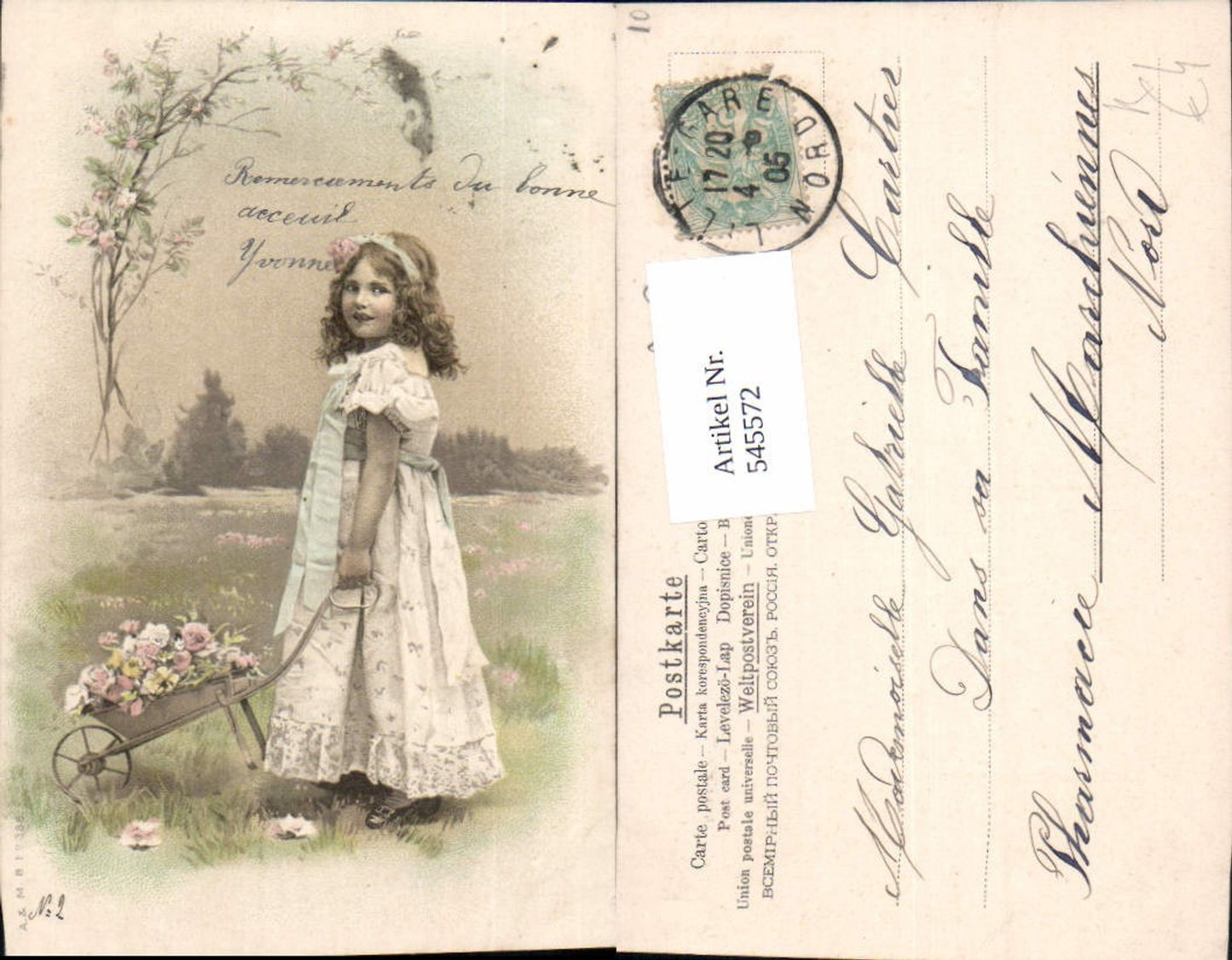 545572,Künstler AK Kinder Kind Mädchen Karren Blumen Kleid