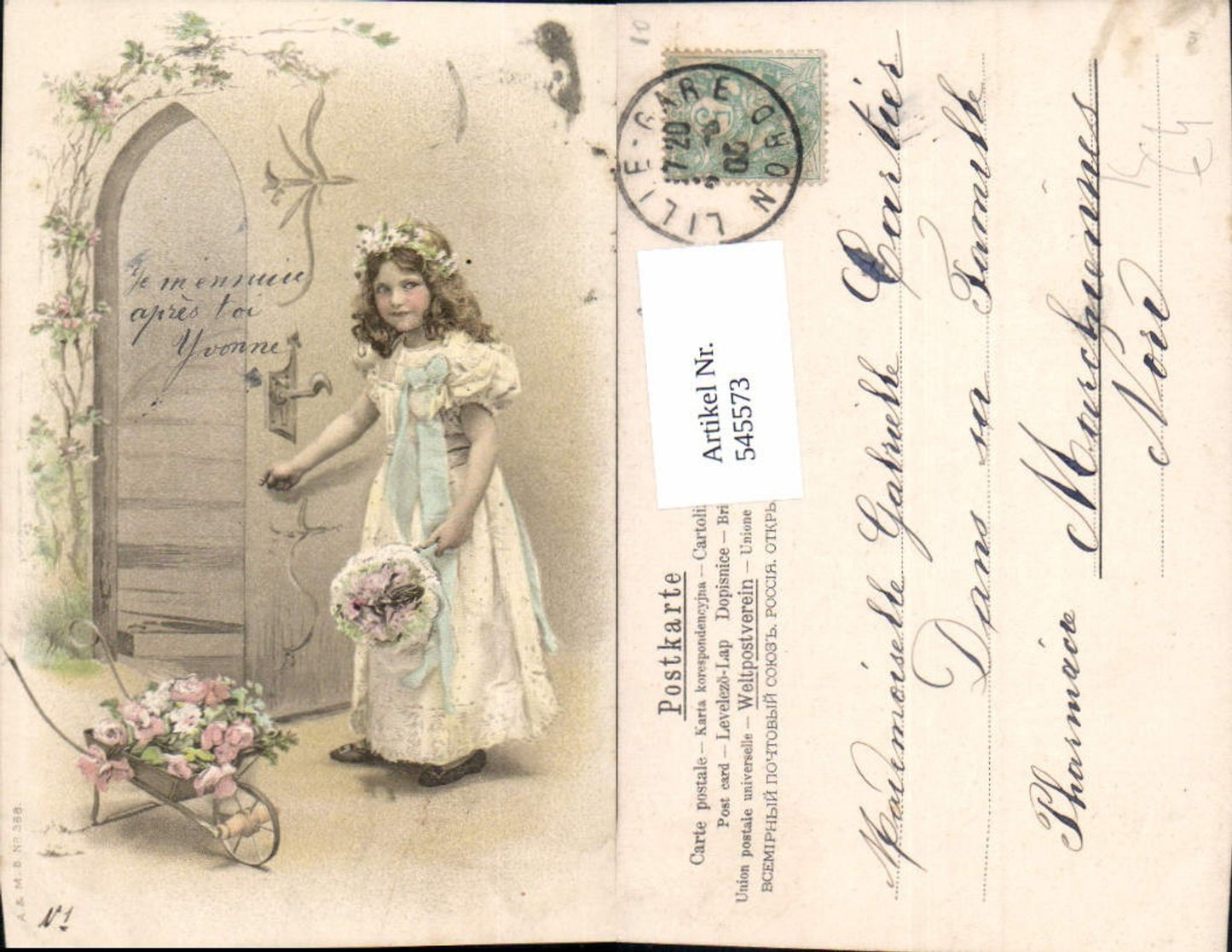 545573,Künstler AK Kinder Kind Mädchen Kleid Karren Blumen