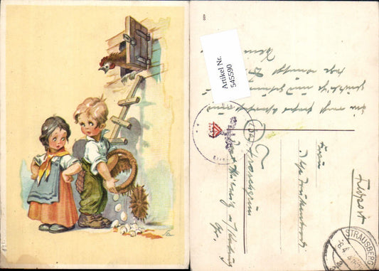 545590,Künstler AK Hahn Humor Kinder Kind Eier Feldpost Strausberg