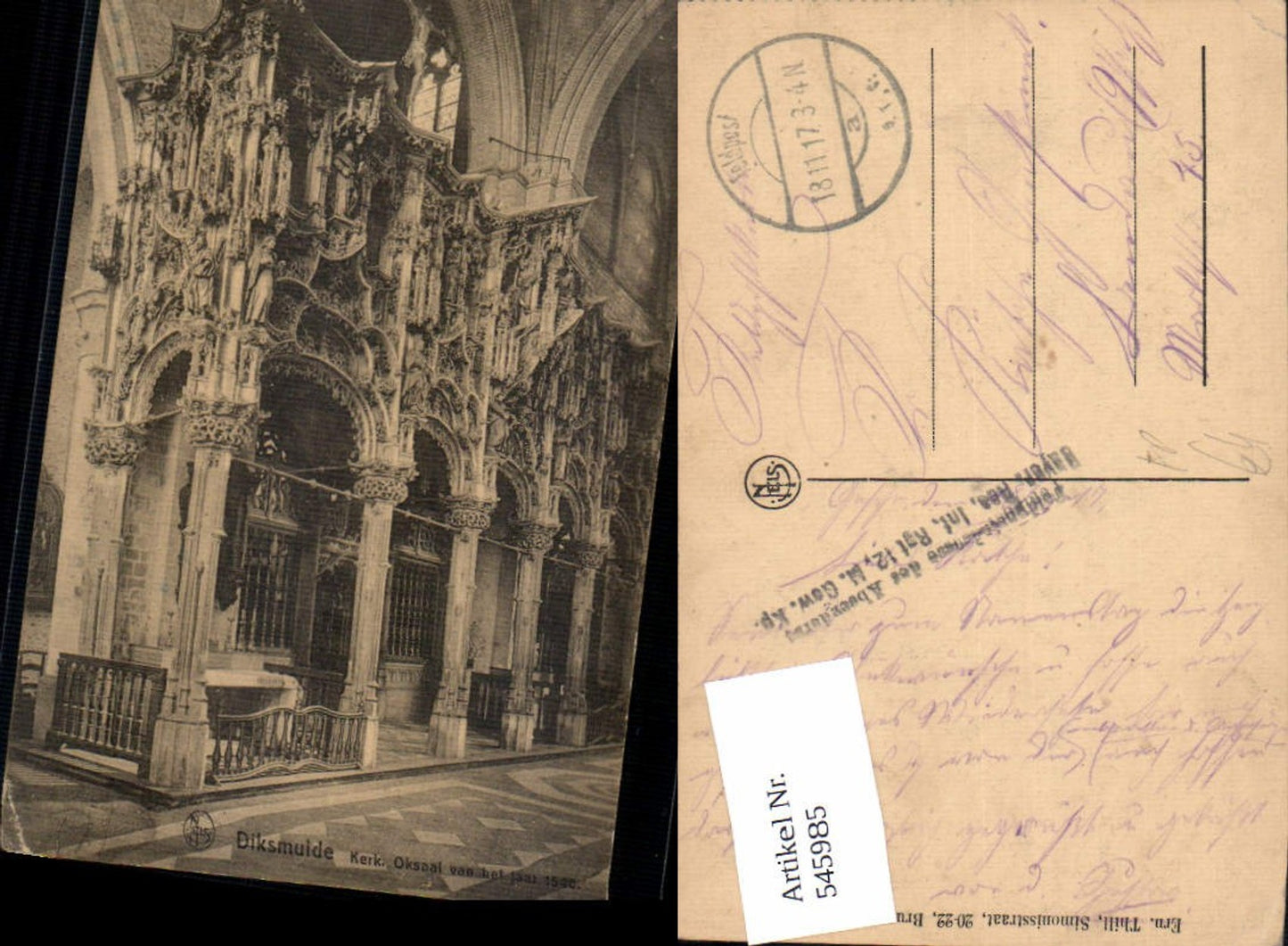 545985,Belgium Diksmuide Kerk Feldpost Bayerische Res. Inf. Rgt. 12 Maschinengewehr Kp
