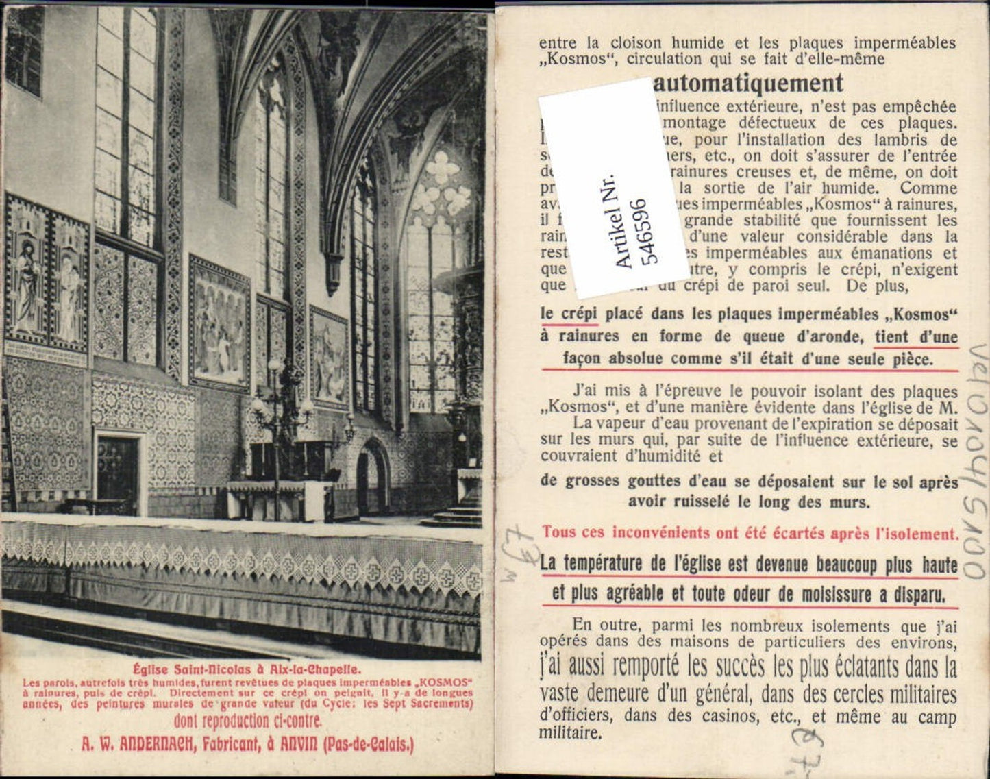 546596,Reklame AK W. Andernach Anvin Aix la Chapelle Eglise St. Nicolas