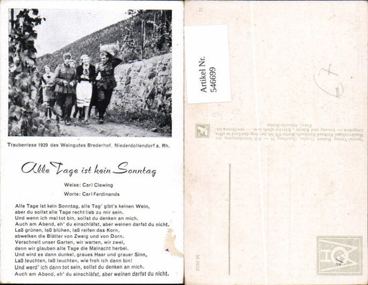 546699,Liedkarte Alle Tage ist kein Sonntag Traubenlese Wein Niederdollendorf Brederhof