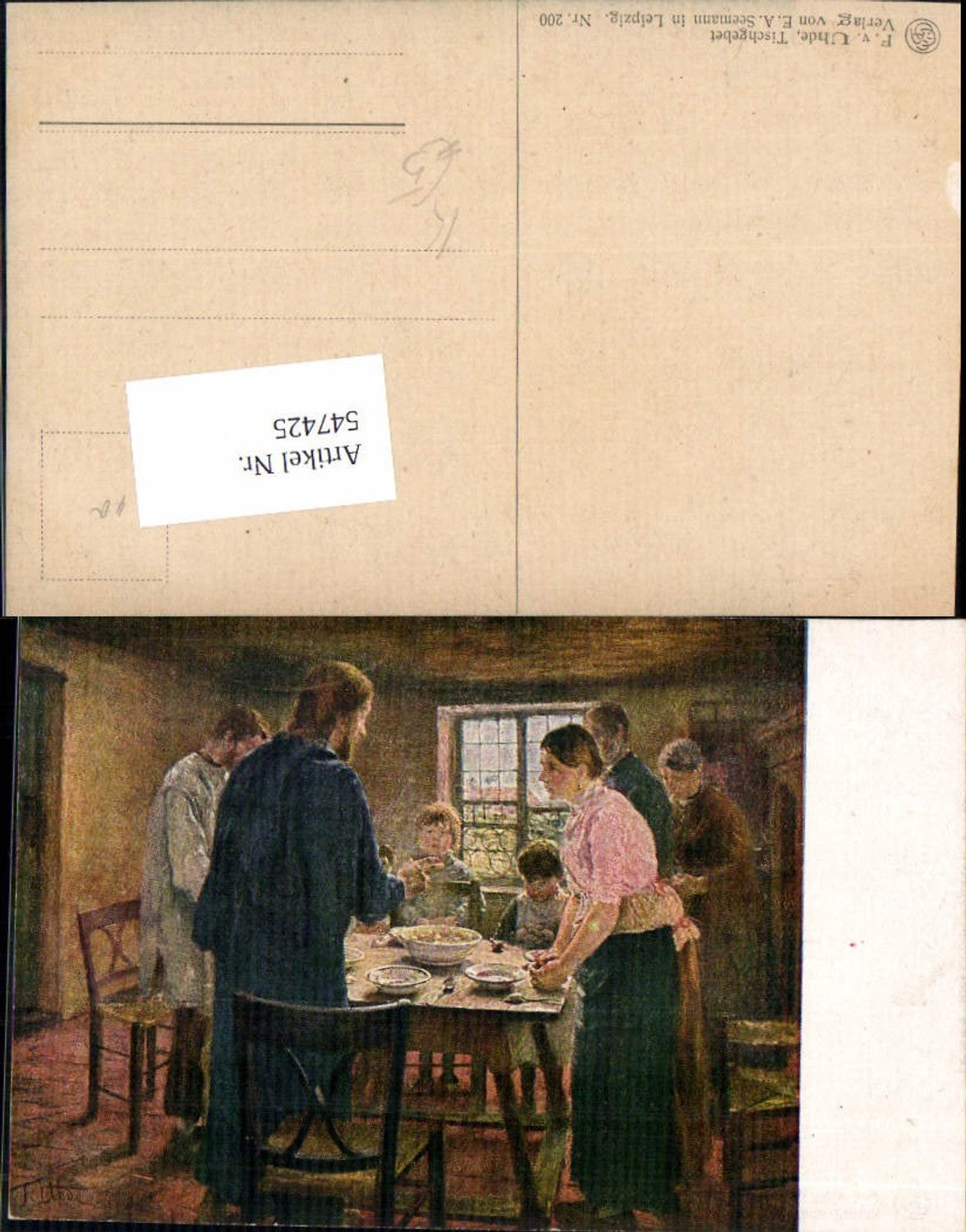547425,Künstler AK F. v. Uhde Tischgebet Gebet Religion Jesus b. Bauern