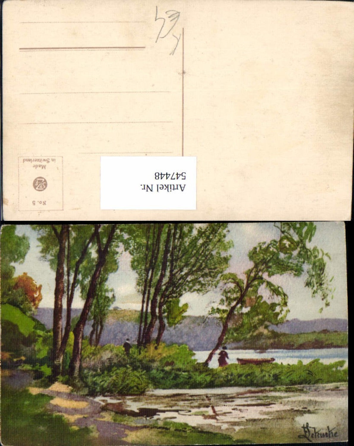 547448,Künstler AK Wald Ufer Boot Paar