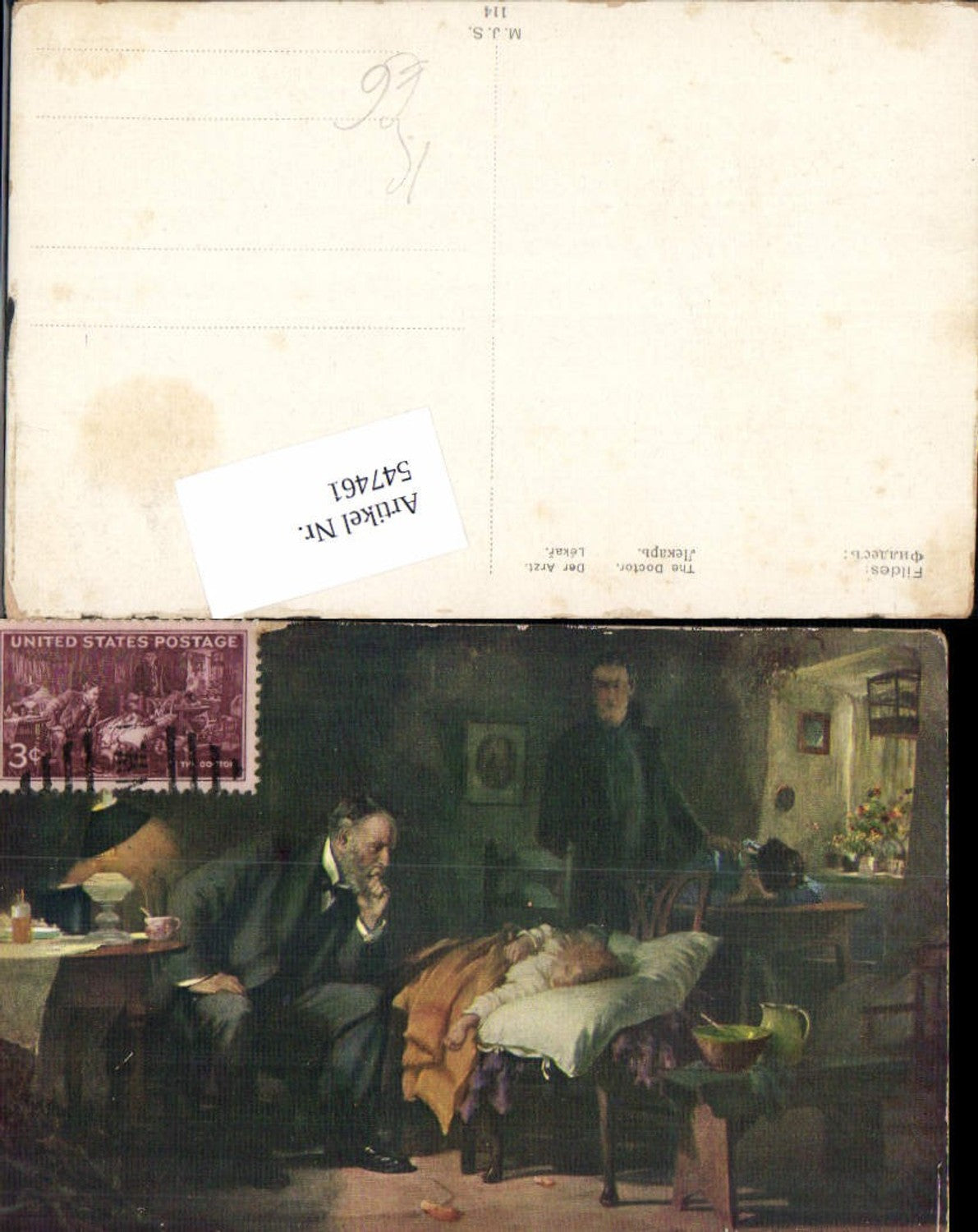 547461,Künstler AK Fildes Doktor Arzt Krankes Kind Bett Tischlampe Lampe Tod