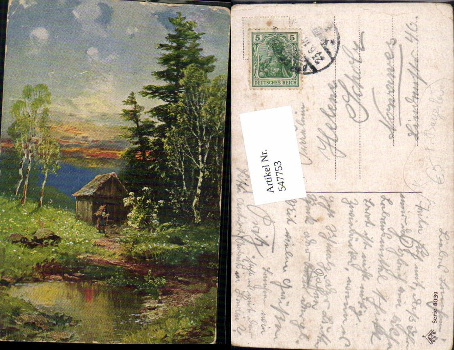 547753,Künstler AK F. Bayerlein München Bauer Hütte Teich Lacke