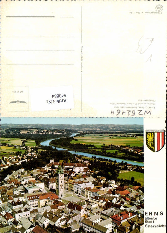 548884, great aerial photograph of Enns, town square, pub, Alpine aerial view, Fö 53235