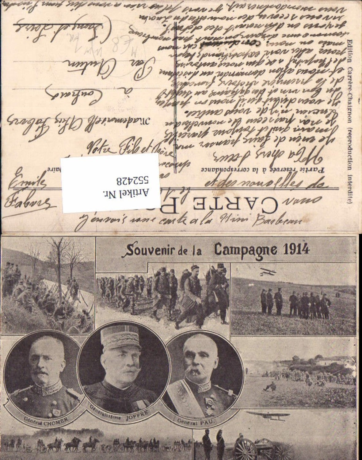 552428,Souvenir de Campagne 1914 General Joffre , Pau, Chomer , Infanterie