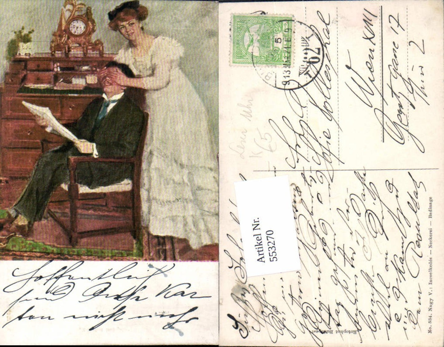 553270, Artist AK V. Nagy Clock Reading Reads Grandfather Clock Book Woman Teasing Love