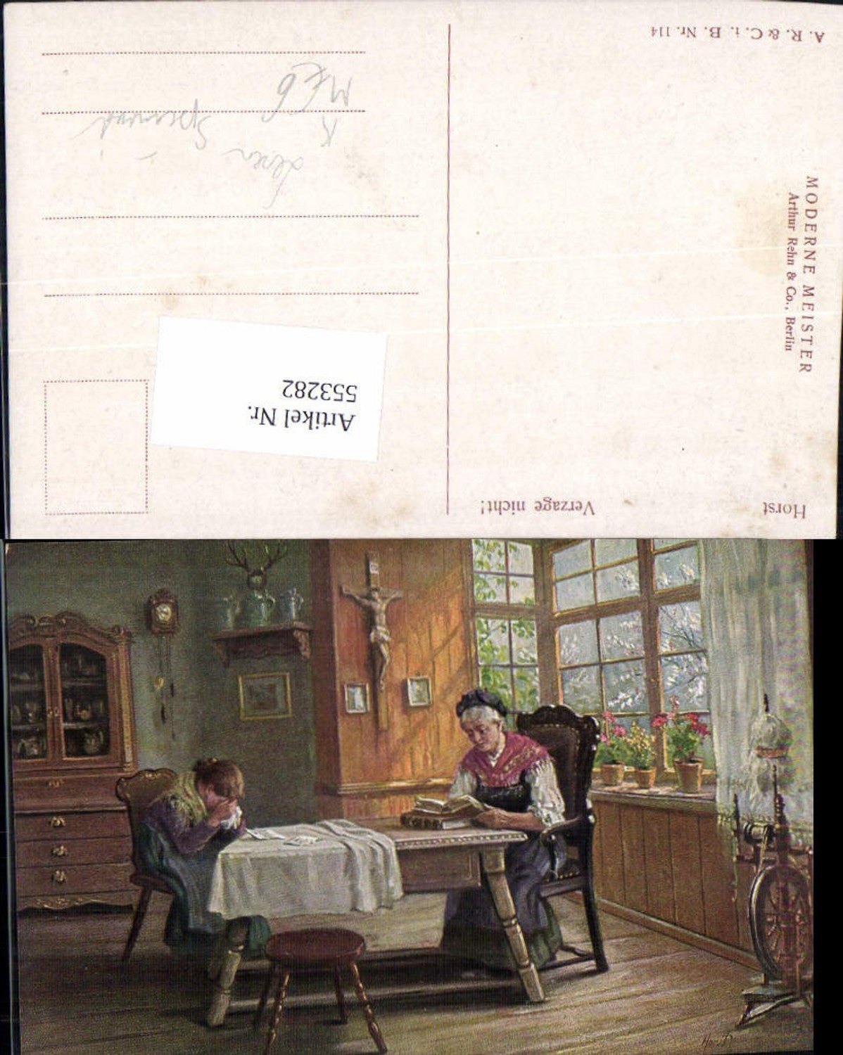 553282, Artist AK Horst signed. Reading, child, woman, cross, living room, spinning wheel