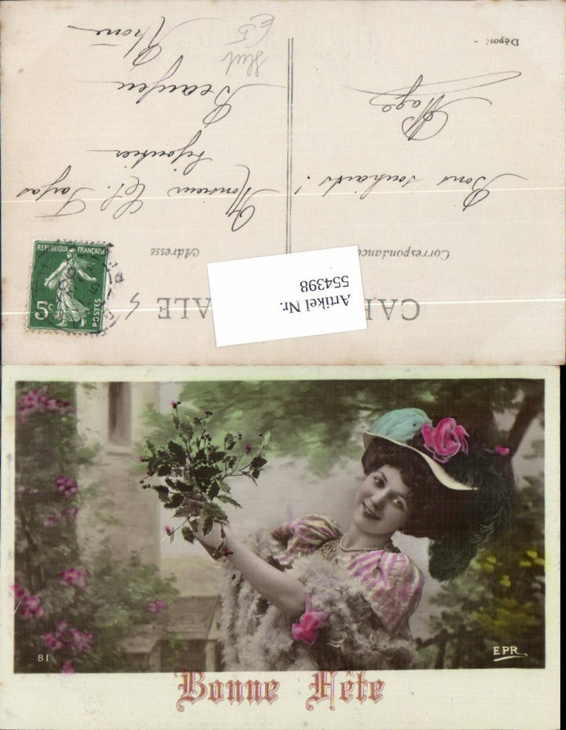 554398,Foto-AK Frau Mode Hut Hutmode Blumen Halskette Perlenkette