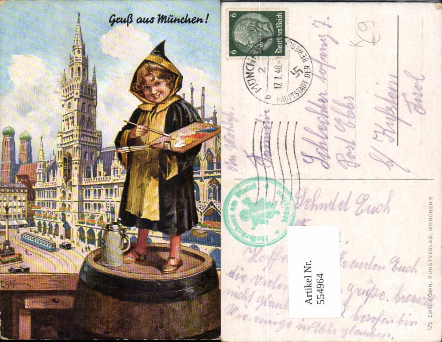 554964,tolle Künstler AK E. Schlemo Gruß aus München Palette Münchener Kindl Bier Bierkrug