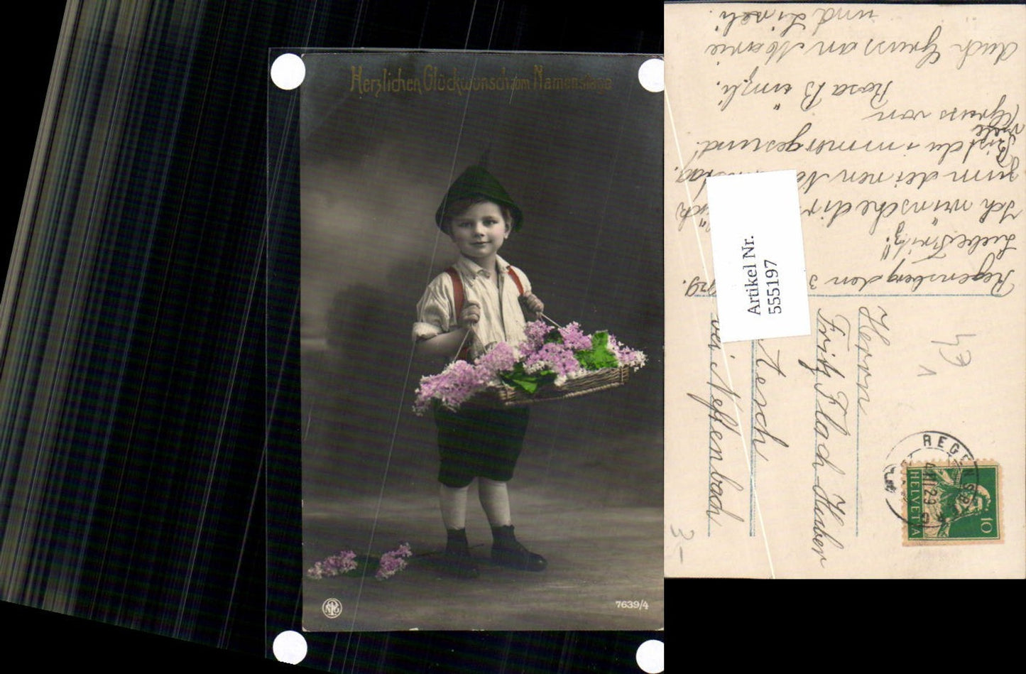 555197,Namenstag süsser Junge m. Hut Blumen pub NPG 7639-4