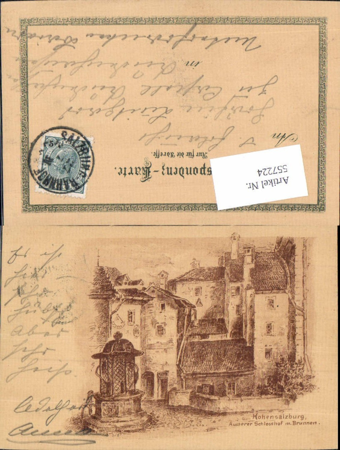 557224, great artist AK etching Salzburg city castle courtyard fountain