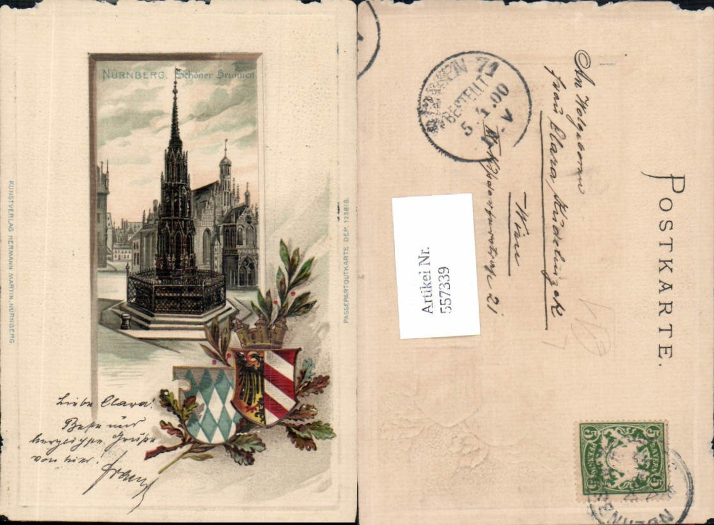 557339,Präge Passepartout Lithographie Nürnberg Brunnen Wappen pub Hermann Martin