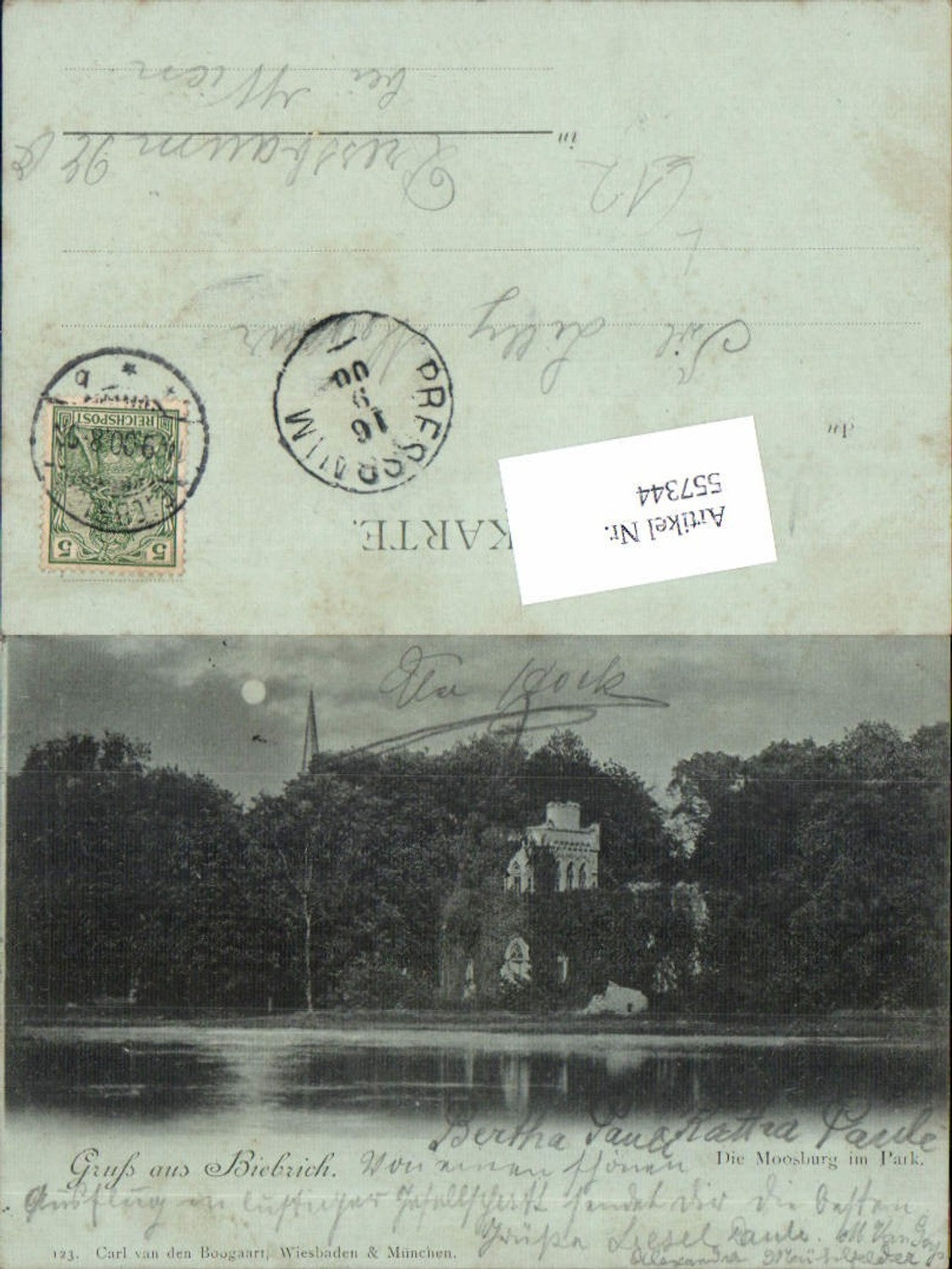 557344,Mond Lithographie Gruß aus Biebrich Moosburg im Park Wiesbaden