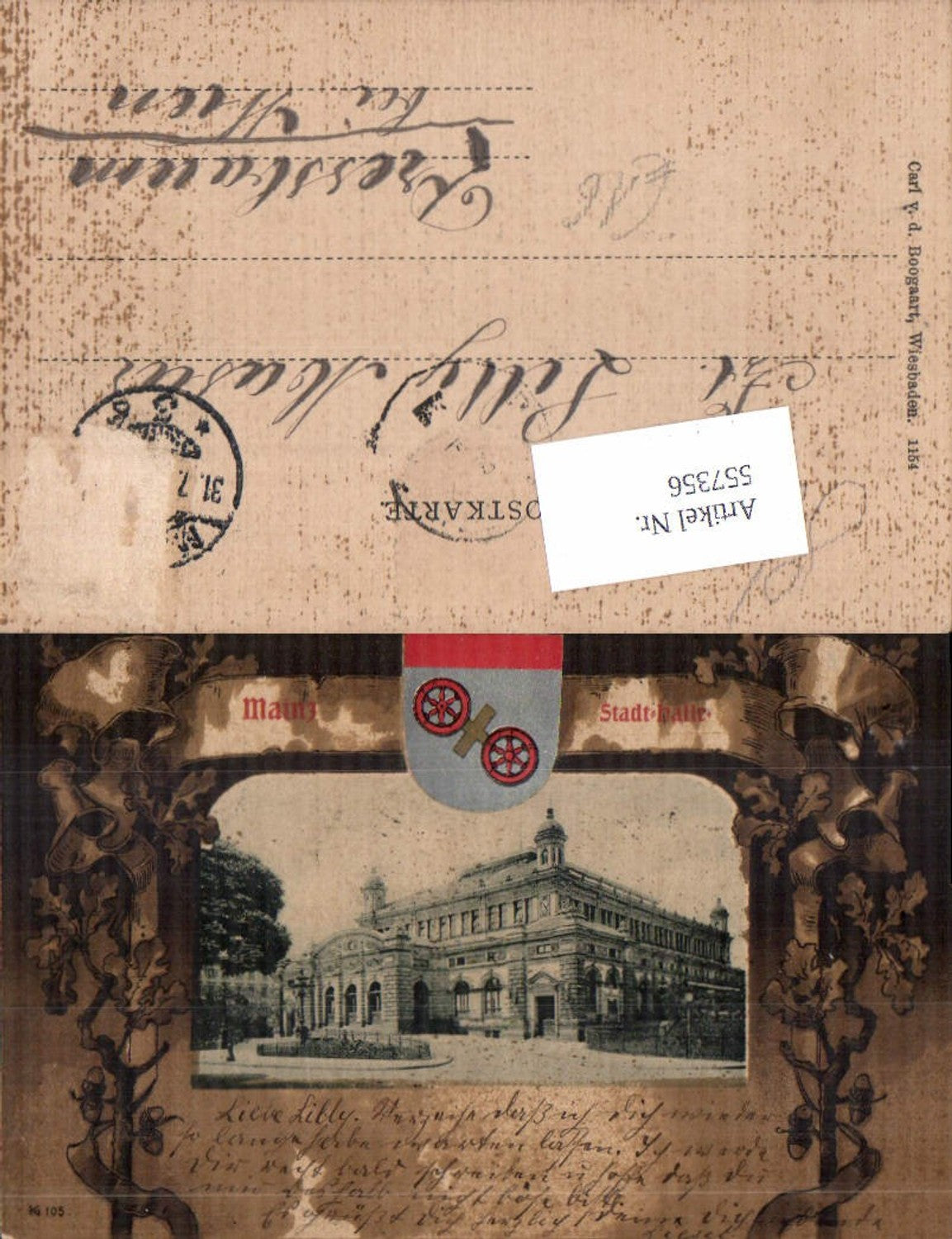 557356,tolle Passepartout Lithographie Mainz Stadthalle Wappen