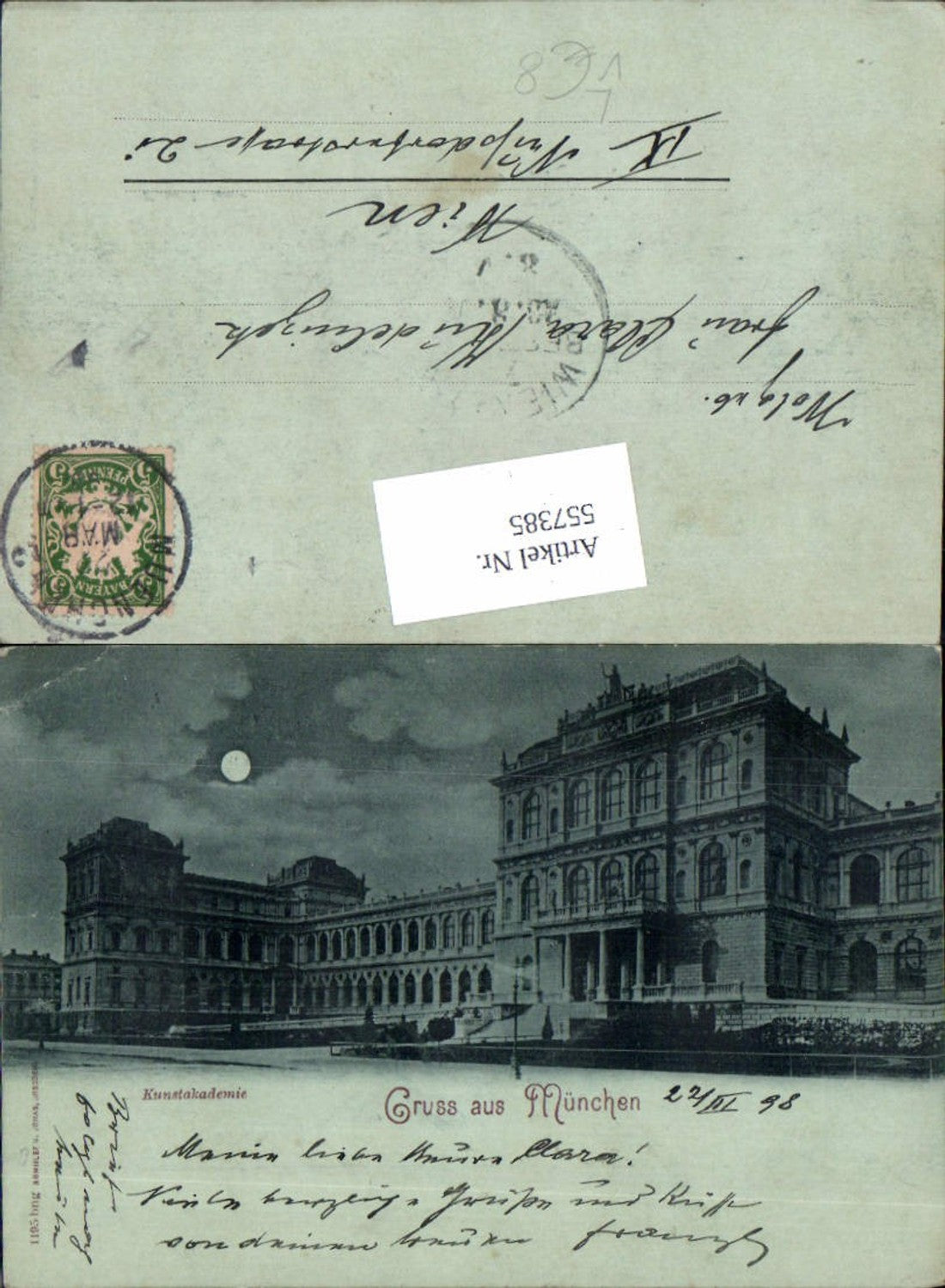557385,Mond Lithographie Gruß aus München Kunstakademie 1898 pub Römmler & Jonas 1195 bng