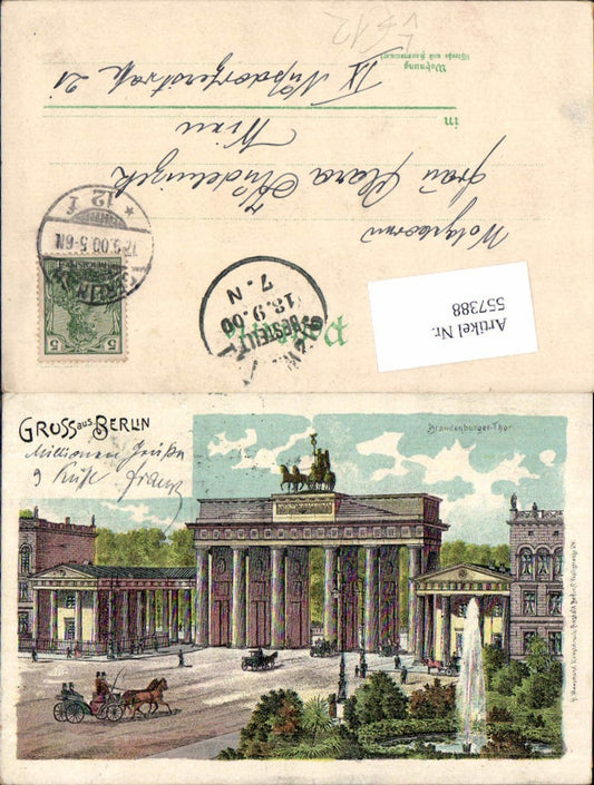 557388,tolle Lithographie Gruß aus Berlin Brandenburger Tor Kutsche pub Wassmund