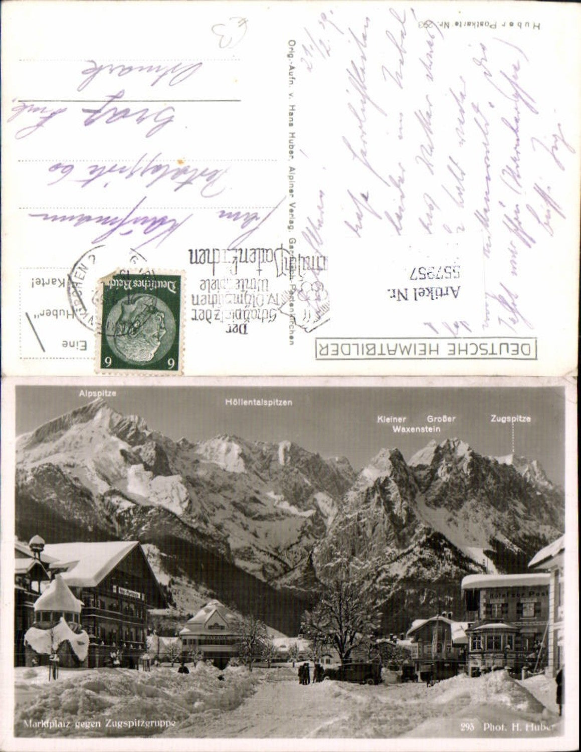 557957,Garmisch-Partenkirchen Marktplatz geg. Zugspitzegruppe Winteransicht