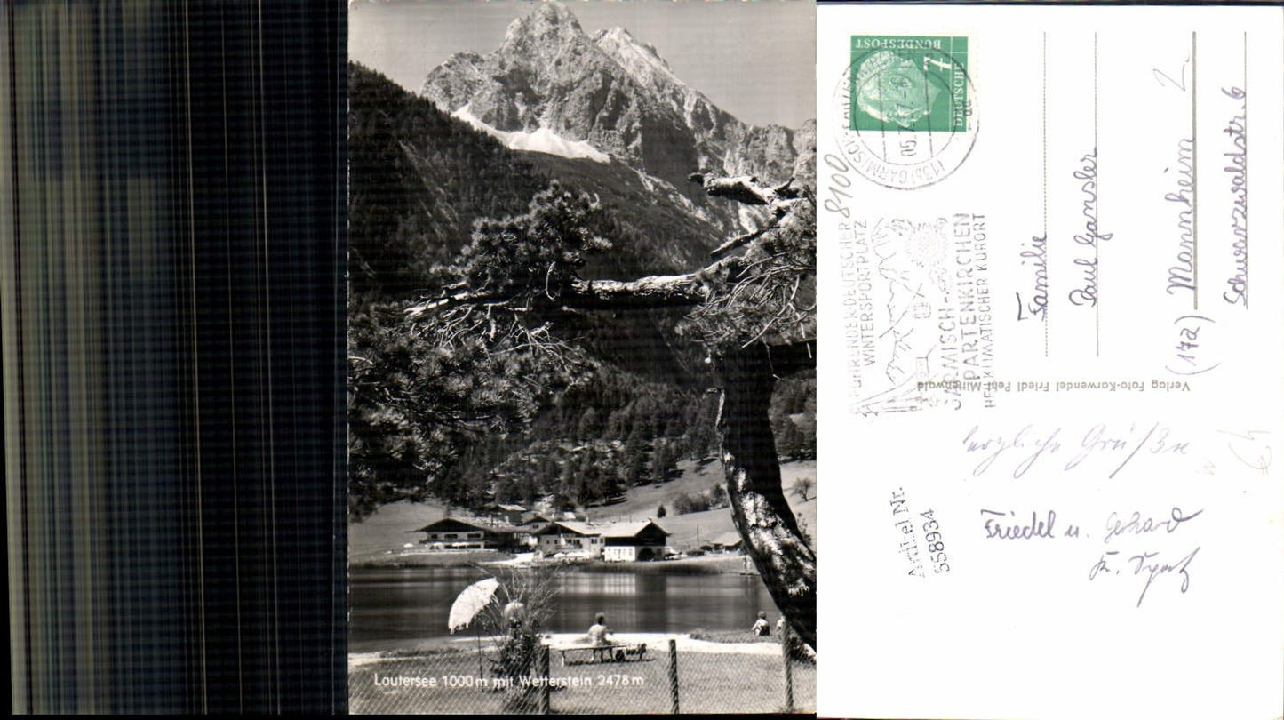 558934,Foto Ak Lautersee m. Wetterstein b. Mittenwald Sonnenschirm Strandleben