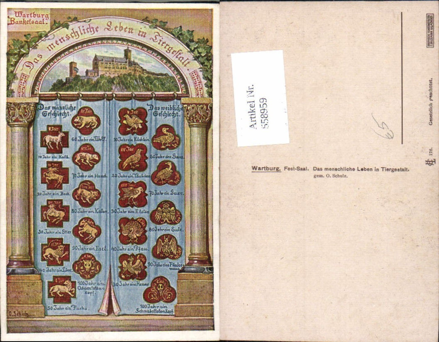 558959,Künstler Ak O. Schulz Wartburg Eisenach Festsaal Menschliche Leben in Tiergestalt