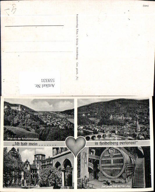 559331, Multi-image postcard Heidelberg Castle Courtyard Barrel Scheffel Terrace Heart