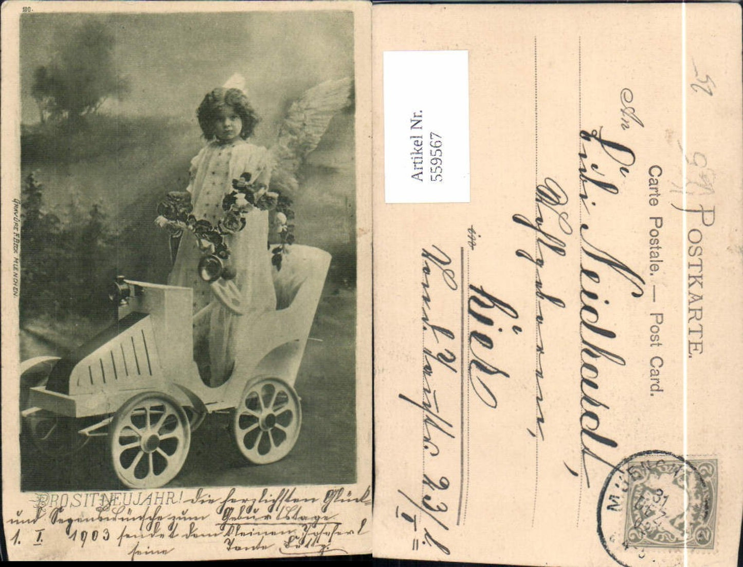 559567,Künstler Ak Neujahr Mädchen Engel Automobil Blumenranke pub F. Beck München